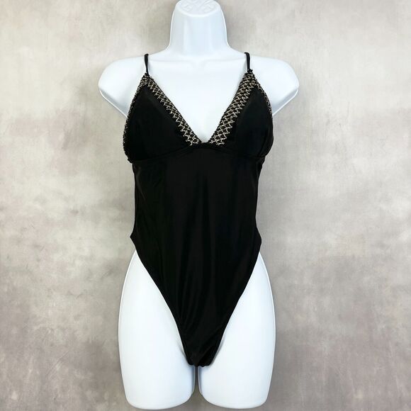 Cheeky High Cut Womens Swimsuit Size Large Black Gold Glam Beach Summer Resort - Picture 1 of 9